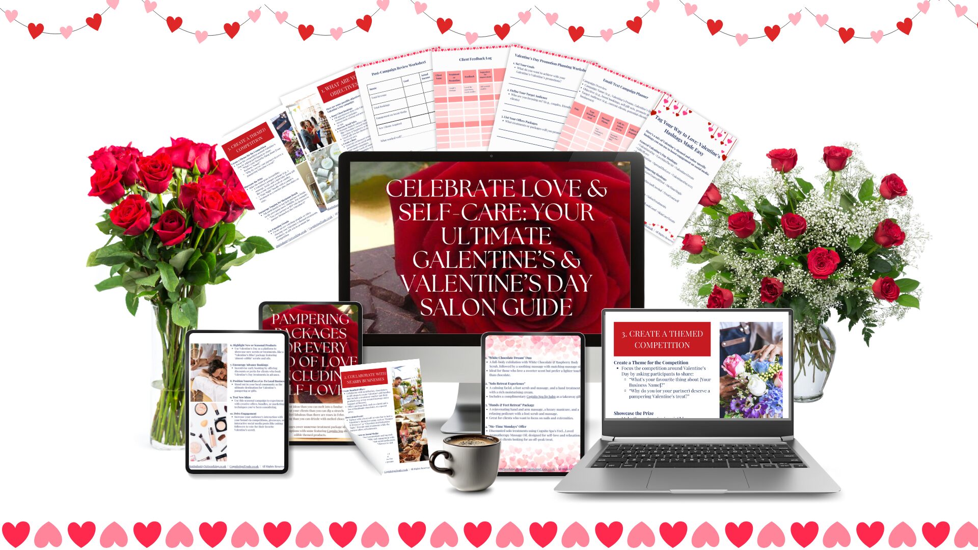 Valentines & Galentines Marketing Ideas for Spas and Salons showing desktop, tablet, laptop and mobile versions of a downloadable pdf guide for salon owners with red roses in and red and pink heart images