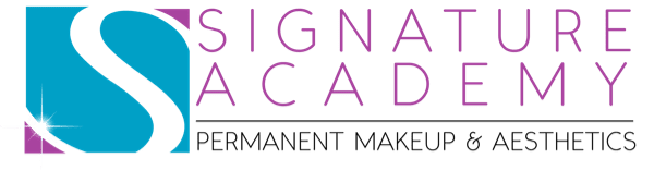 Signature Academy Logo. Capital S on teal blue background with deep pink highlights in corners and the word Signature Academy in pink with Permanent Makeup & Aesthetics under a dividing line
