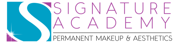 Signature Academy Logo. Capital S on teal blue background with deep pink highlights in corners and the word Signature Academy in pink with Permanent Makeup & Aesthetics under a dividing line